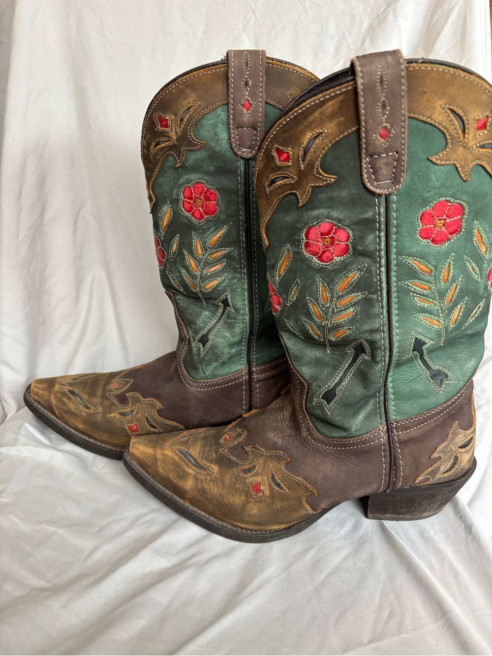 Justin Boots Brown and Green Floral Embroidered Heeled Cowboy Boots - Picture 3 of 3